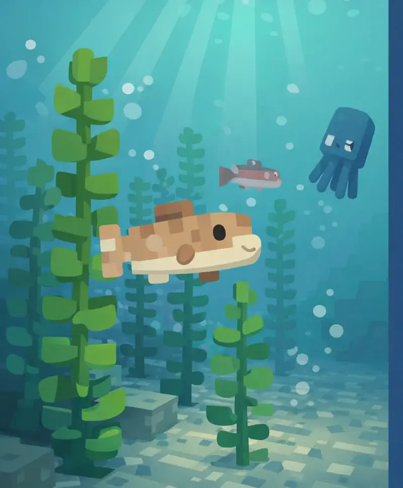 An underwater scene in a Minecraft cold ocean biome, viewed from beneath the surface on the left side of the image. Tall green kelp plants rise from a sea bed of gravel and dirt on the left, with a cod fish swimming among the kelp fronds and a salmon visible further back in the murky water. A squid drifts in the mid-distance. The water is a cool blue-green with dim light filtering down from the surface above, creating a bleak, cold atmosphere. The right side of the image is covered by a plain dark blue overlay panel for text placement.