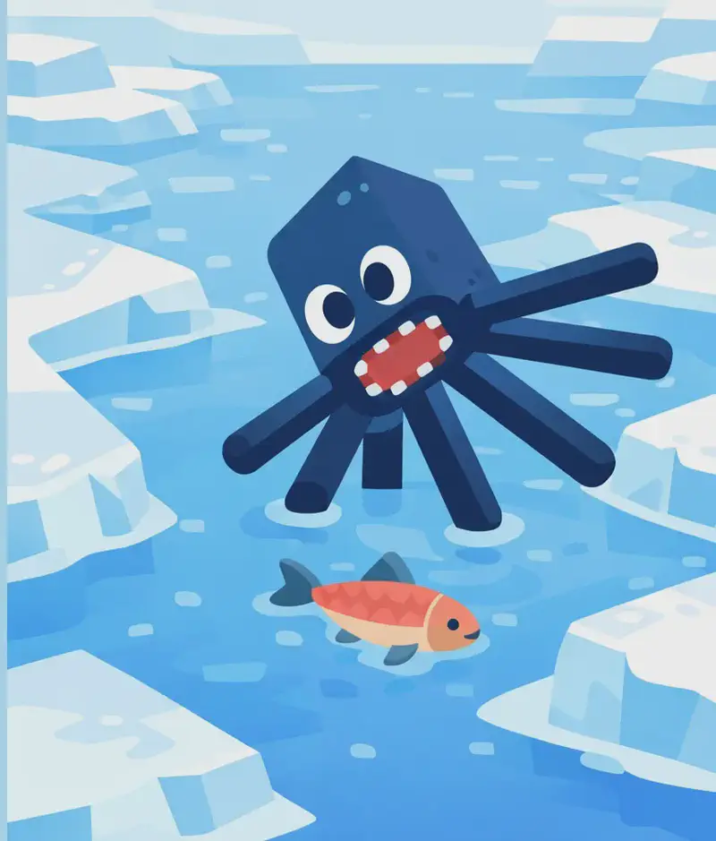 A frozen ocean scene rendered in a Minecraft-style blocky aesthetic, with large angular chunks of blue-white ice scattered across the landscape. On the right side of the image, a squid with dark tentacles floats near the icy water's surface, while a small salmon swims just beneath it. The environment is bright and cold, with pale icy terrain and frozen water stretching into the distance, conveying a bleak, dead-cold atmosphere where not much can survive.
