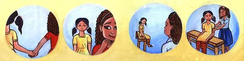Four circular vignettes showing two girls: holding hands, talking together, one sitting alone while another watches, and one comforting the other at school desks.
