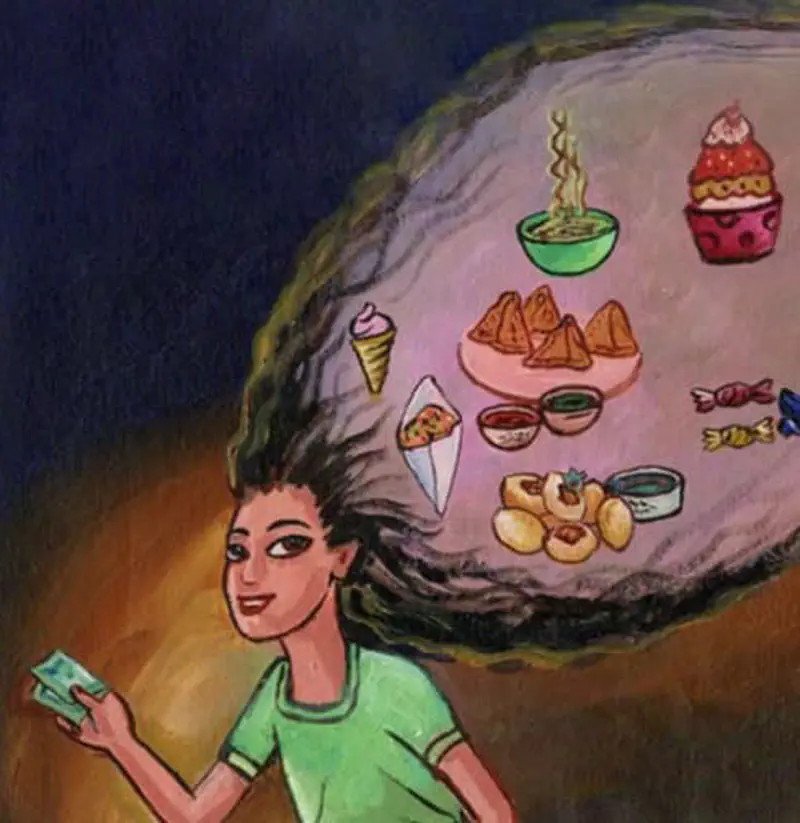 A girl holding money imagines various treats including ice cream, samosas, cupcakes, noodles, candy, and sweets floating in a thought bubble above her head.