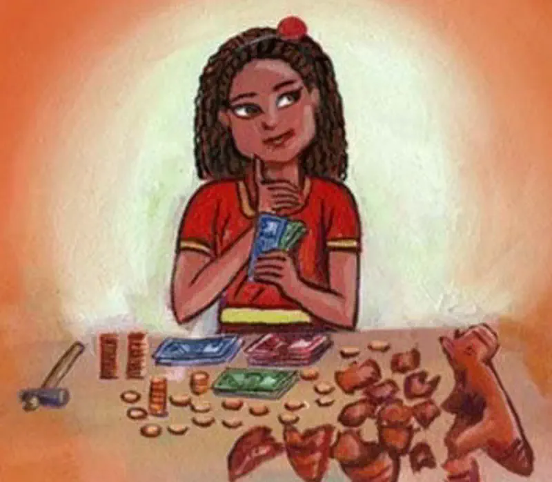 A girl with curly hair sits at a table counting money and coins, with playing cards spread out and clay horse figurines beside her.