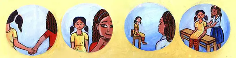 Four circular vignettes showing two girls: holding hands, one looking thoughtfully at the other, one sitting alone being watched, and one comforting the other at school.