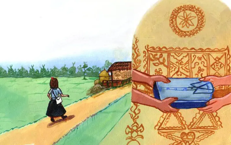 Split image showing a girl walking on a village path toward houses, and hands exchanging a wrapped gift against a decorative golden pattern background.