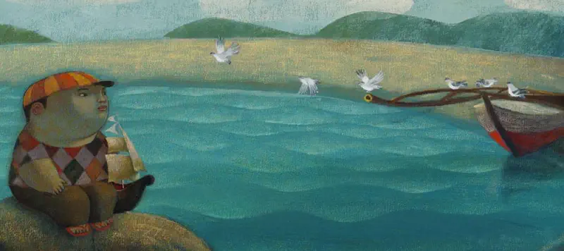 A boy in a checkered sweater and orange cap sits on rocks by the sea, watching seagulls fly near a fishing boat with mountains in the background.