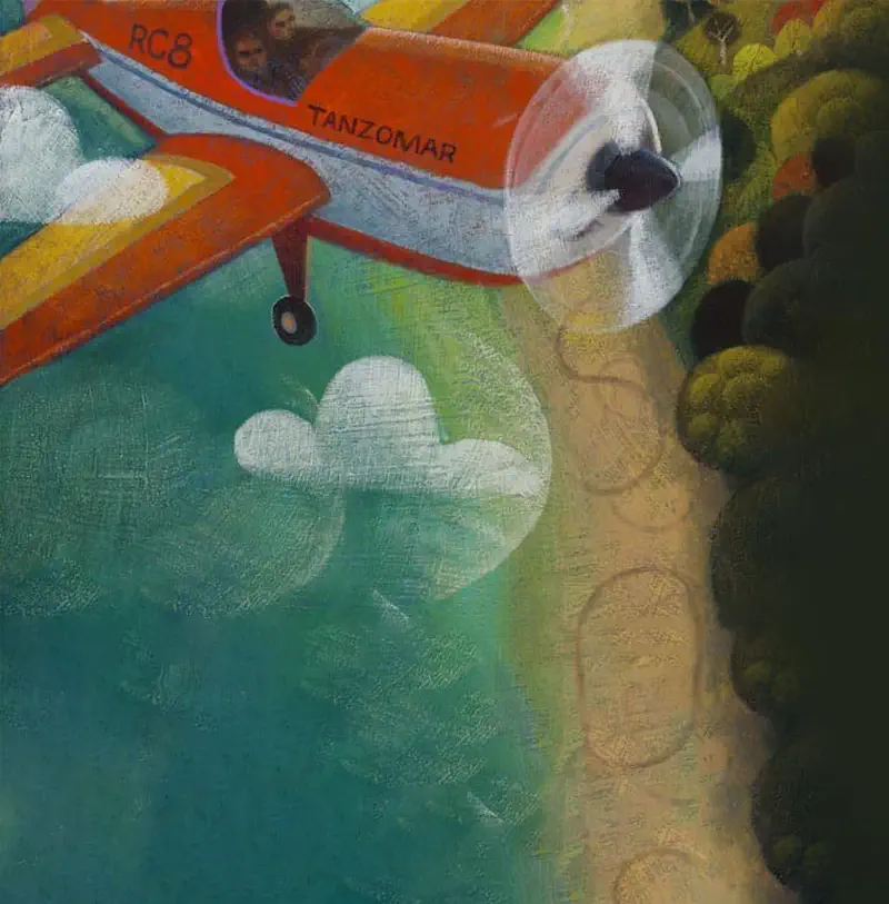 An orange propeller plane labeled 'Tanzomar' flies over a coastal landscape with turquoise water, sandy beach, and green forested hills.