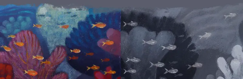 Split underwater scene contrasting vibrant colorful coral reef with orange fish on the left versus polluted gray waters with pale fish on the right.