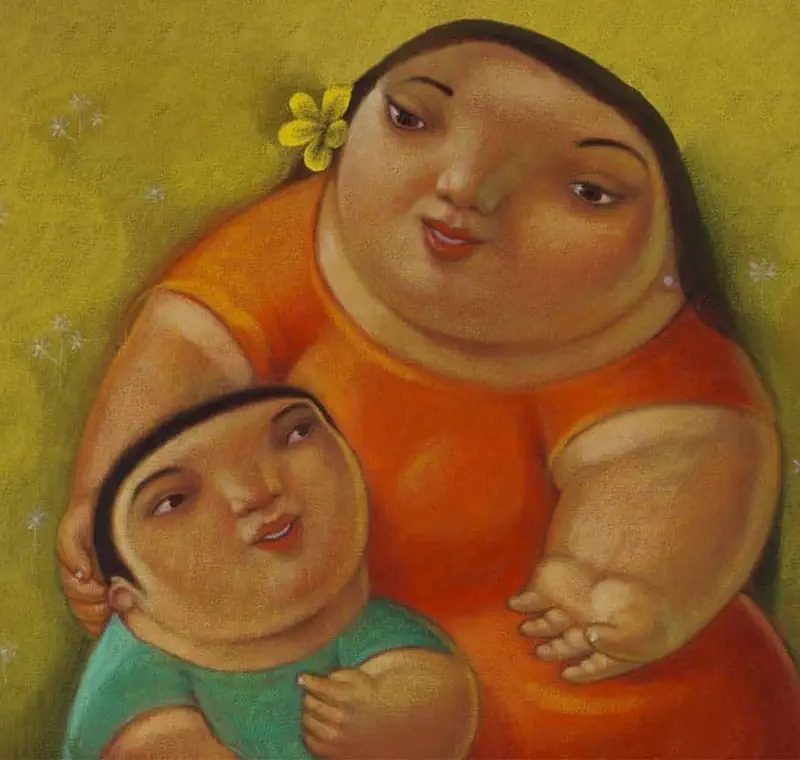 A warm portrait of a mother in orange with a yellow flower in her hair lovingly embracing her young child in teal against a golden background.