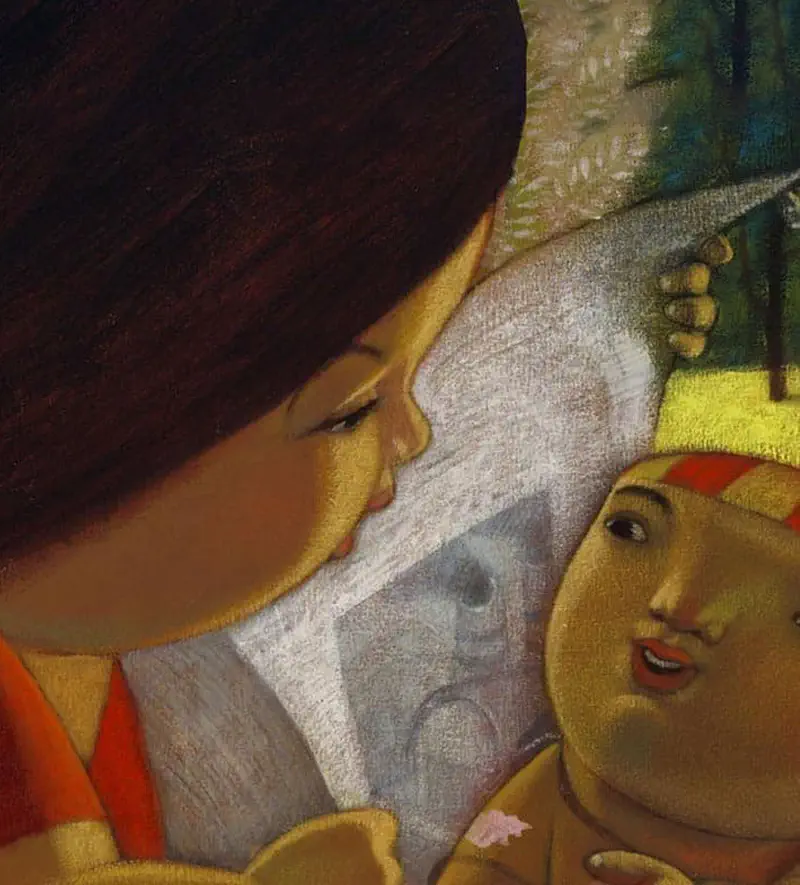 Close-up of a mother looking down lovingly at her child in a striped cap while a ghostly whale image appears between them near trees.