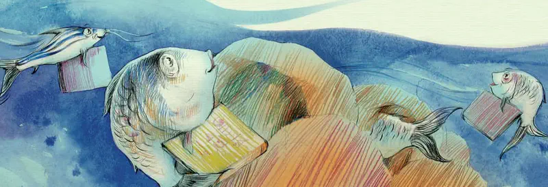 Fish swimming underwater carrying books in their mouths, moving past colorful rocks in shades of orange and pink in a blue lake setting.