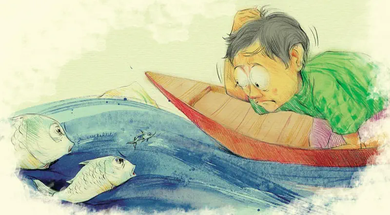A sad boy with glasses in a green shirt rests his head on a red wooden boat while fish look up at him from the blue lake water.