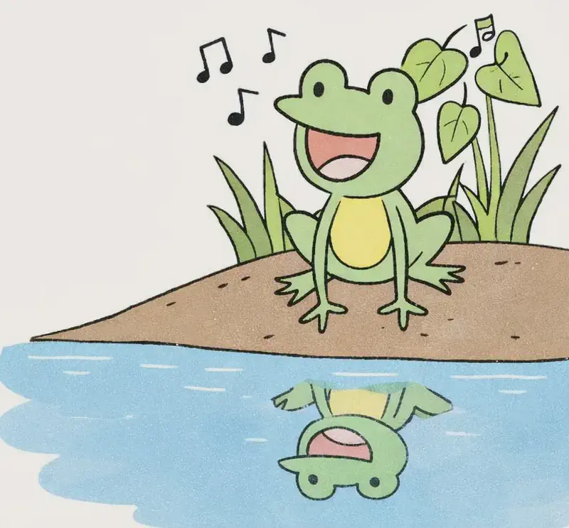 Frog is sitting on the right side of the image on a muddy bank at the edge of a pond, mouth wide open and singing happily with black musical notes floating in the air beside him. He has a cheerful, joyful expression as he performs his song, with green grass blades and broad heart-shaped leaves growing behind him on the bank. The pond water sits in the lower right portion of the scene, showing Frog's upside-down reflection on its surface. The entire left side of the image is open white space above the curving shoreline, leaving clear space for text.