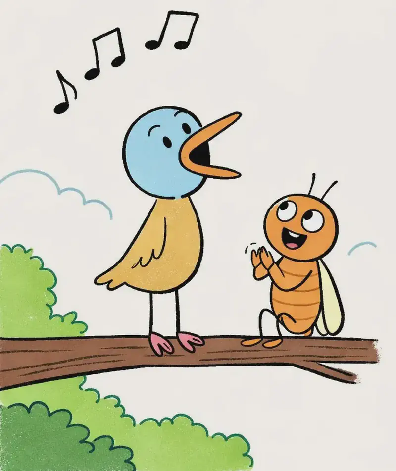 On the left side of the image, Big Bird stands on a tree branch with her orange beak wide open, singing enthusiastically with black musical notes floating above her head; she has a round blue head and a tan-yellow body with pink feet. Bug, a small orange insect with antennae, striped belly, and pale translucent wings, stands upright on the same branch beside Big Bird, clapping her front legs together with a cheerful, smiling expression as she looks up at Big Bird. The scene is set outdoors during the day, with the branch extending in from the lower left, green leafy bushes in the bottom-left corner, a small light-blue cloud outline behind the characters, and the right side of the image left as open, plain pale-cream sky with no other elements.