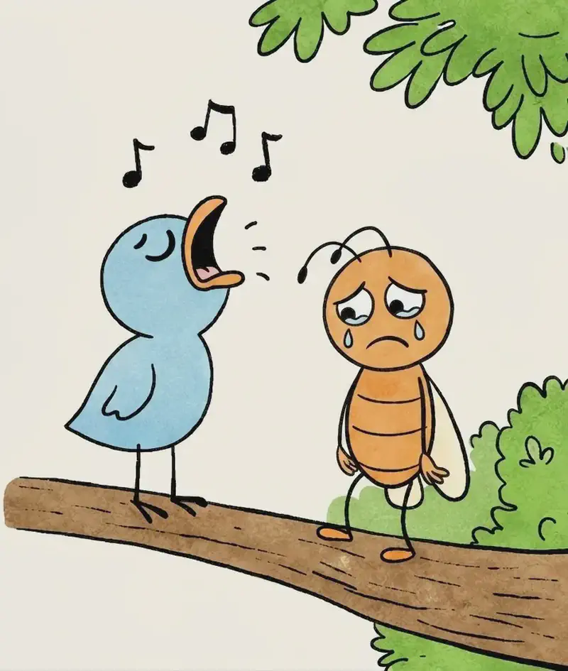 On the right side of the image, Sad Bird, a small blue bird, is perched on a thick tree branch with eyes closed and beak wide open, singing with black music notes floating above her head. Bug, an orange insect with antennae and pale wings, stands next to Sad Bird on the branch, frowning sadly with tears on her cheeks and both arms hanging down at her sides. Green foliage hangs from the upper-right corner, and bushes sit in the background behind the characters. The left side of the image is plain white background.