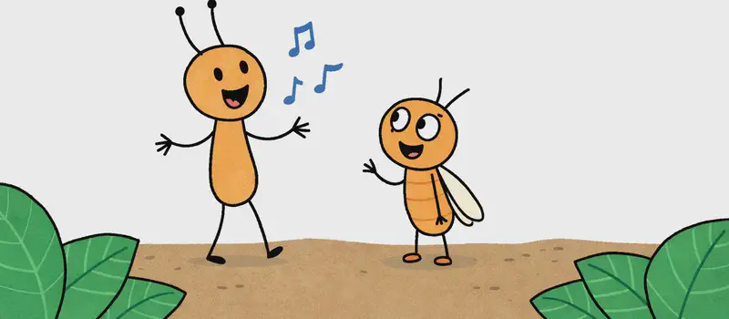 In the lower-left portion of the image, Crick stands with mouth open wide, singing happily with blue music notes floating above, one arm gesturing outward in a cheerful pose. Bug stands beside Crick, looking up at him with a smiling, eager expression and mouth open as if speaking. Both characters are on a patch of earthy ground outdoors, framed by large green leaves in the corners, with the top half of the image left as plain white background.