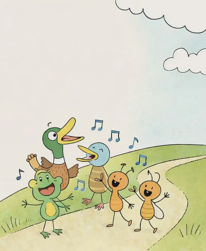 On the right side of the image, five characters are gathered together on a winding dirt path atop rolling green hills, singing joyfully with blue music notes floating around them, while the left side of the image is open empty space in a soft cream tone. Duck stands at the back of the group with one wing raised, beak wide open singing happily toward the sky. Sad Bird stands just in front of Duck with eyes closed and beak wide open in cheerful song. Frog is in the foreground, standing upright with arms outstretched and mouth wide open in a big grin, singing enthusiastically. Crick stands to the right of the group, arms raised and mouth open in a happy smile, singing along. Bug, with small translucent wings, stands beside Crick with arms raised and one leg kicked up, singing happily. The scene is set outdoors on a bright, sunny day with soft white clouds in a pale blue sky in the upper right and tufts of grass along the hillside path.