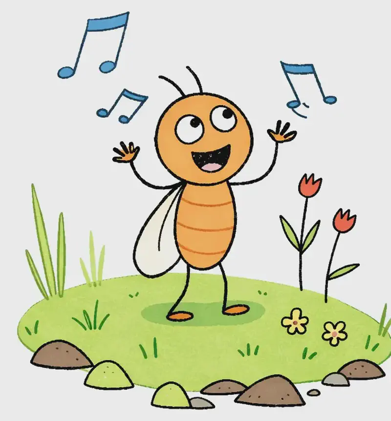 Bug stands on the left side of the image on a small grassy mound, dancing joyfully with both arms raised and mouth open wide in song. Blue music notes float in the air around her. She has a happy, exuberant expression. The outdoor scene features small wildflowers, tufts of grass, and scattered rocks around the mound, with the right side of the image left as plain white background.