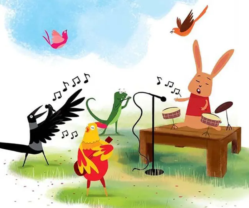 An animal band performs outdoors with a rabbit playing drums, green lizard singing, rooster playing guitar, and magpie dancing while colorful birds fly overhead.