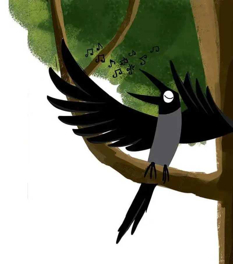 A black and gray magpie perches on a tree branch with wings spread wide, eyes closed happily, singing with musical notes floating around it.