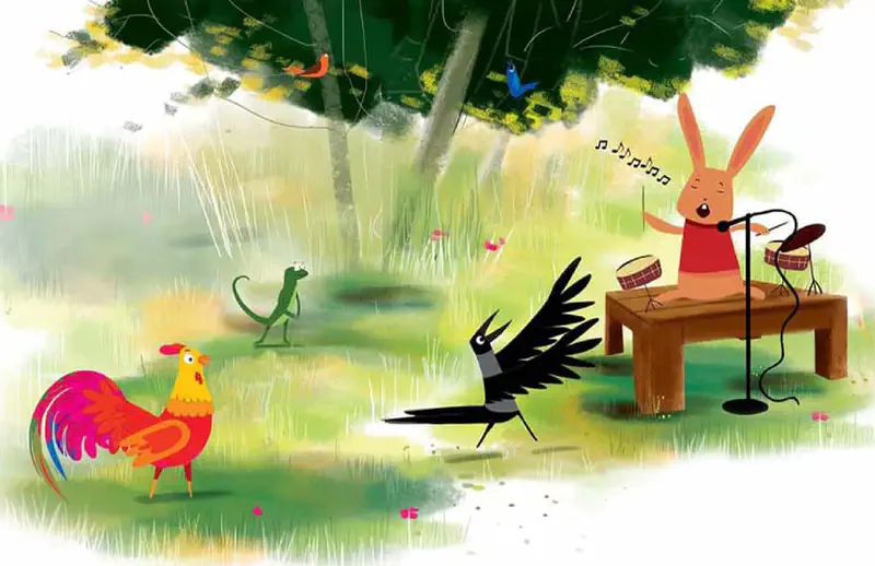 A rabbit in red sings into a microphone and plays drums at a wooden table while a rooster, magpie, and lizard dance in a sunny meadow under a large tree.