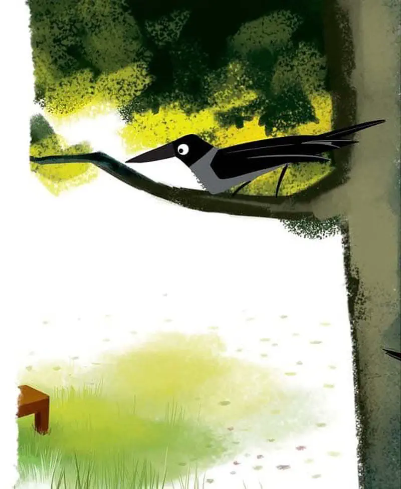 A black and gray magpie perches on a tree branch looking down at a grassy meadow with a small wooden table visible in the distance.