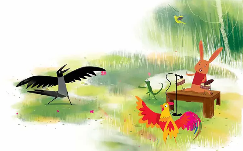 A magpie dances with spread wings while a colorful rooster, green lizard with microphone, and rabbit with drums perform together in a sunny grassy meadow.