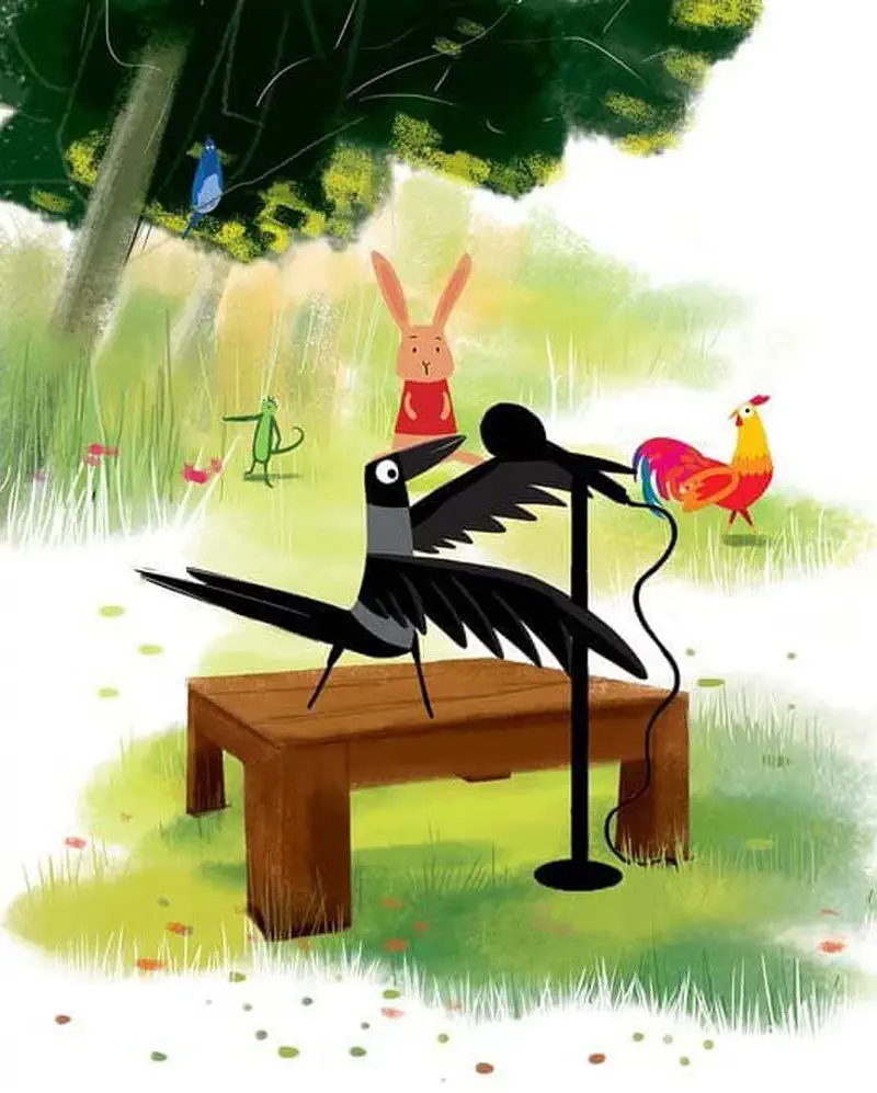 A black magpie stands on a wooden table near a microphone stand while a rabbit in red, green lizard, and rooster watch from the grassy meadow.