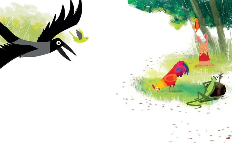 A black magpie flies toward a group of animals including a colorful rooster pecking the ground, a waving rabbit in red, and a lounging green lizard near trees.