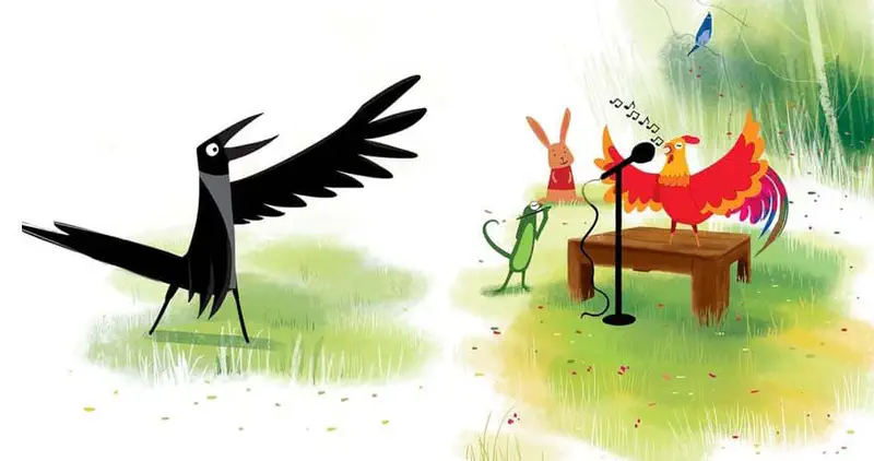 A magpie dances with wings raised while a rooster sings into a microphone on a wooden table as a rabbit and lizard watch in a sunny meadow.