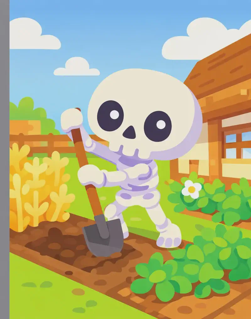 On the right side of the image, Skel stands in a garden area beside a wooden house, actively chopping at a patch of soil with a small wooden hoe, with one hand raised mid-swing. He has an enthusiastic, energetic expression. He is surrounded by crops — golden wheat and green plants — with a small white flower nearby, showing the results of his planting. The scene is outdoors on a bright day with blue sky and clouds visible above, set in a suburban yard with a wooden structure behind him.