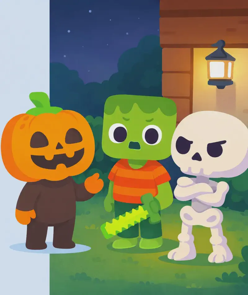 On the right side of the image, Jack, Zom, and Skel stand together in a group outside a wooden house at nighttime, lit by a warm lantern on the wall. Jack stands in front of Skel with a concerned, insistent expression, one orange mitten-like hand raised as if lecturing. Zom stands beside Jack, also looking worried, holding his pixelated light-green sword at his side. Skel faces them with a stubborn, dismissive expression, arms slightly crossed. The scene is set in a suburban yard with small bushes and patches of grass, under a dark evening sky.