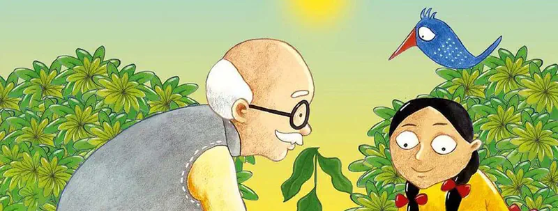 Grandfather and granddaughter look at a growing plant together in the garden surrounded by green bushes as a blue bird flies overhead.