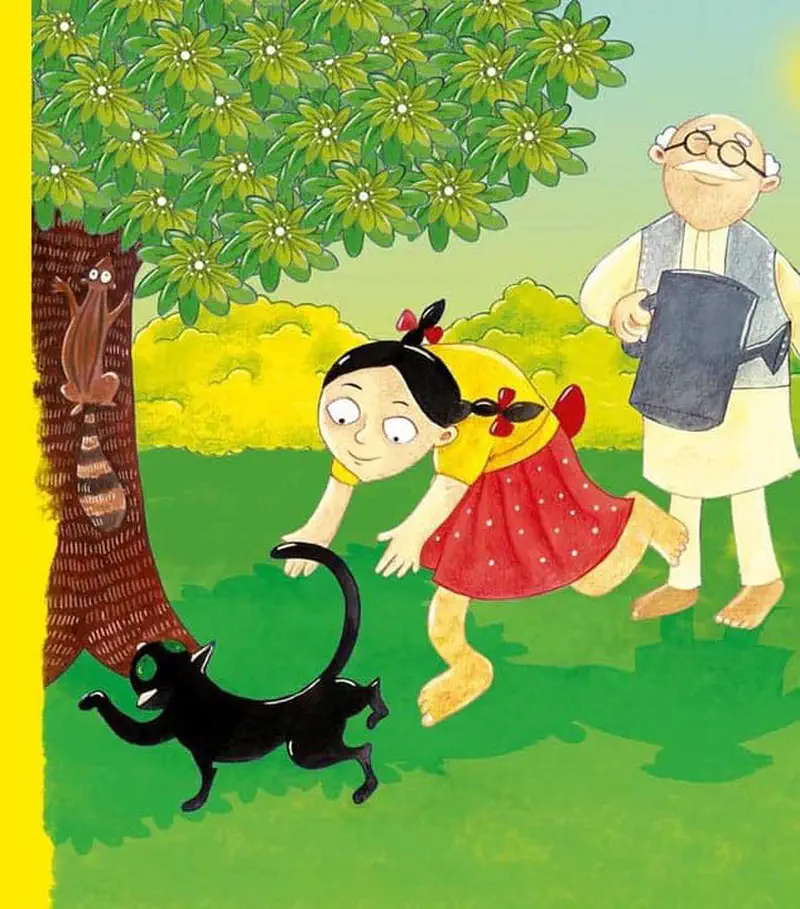 A girl in a red polka dot dress bends down to pet a black cat in the garden while grandfather with glasses holds a watering can nearby.