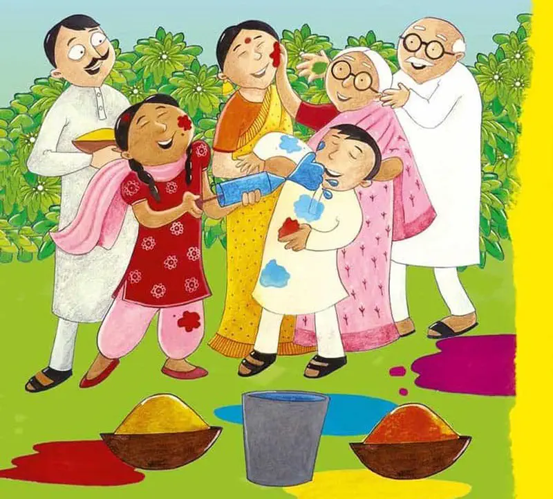 A large Indian family celebrates Holi together outdoors, splashing colored water and powder on each other with bowls of colorful powders nearby.