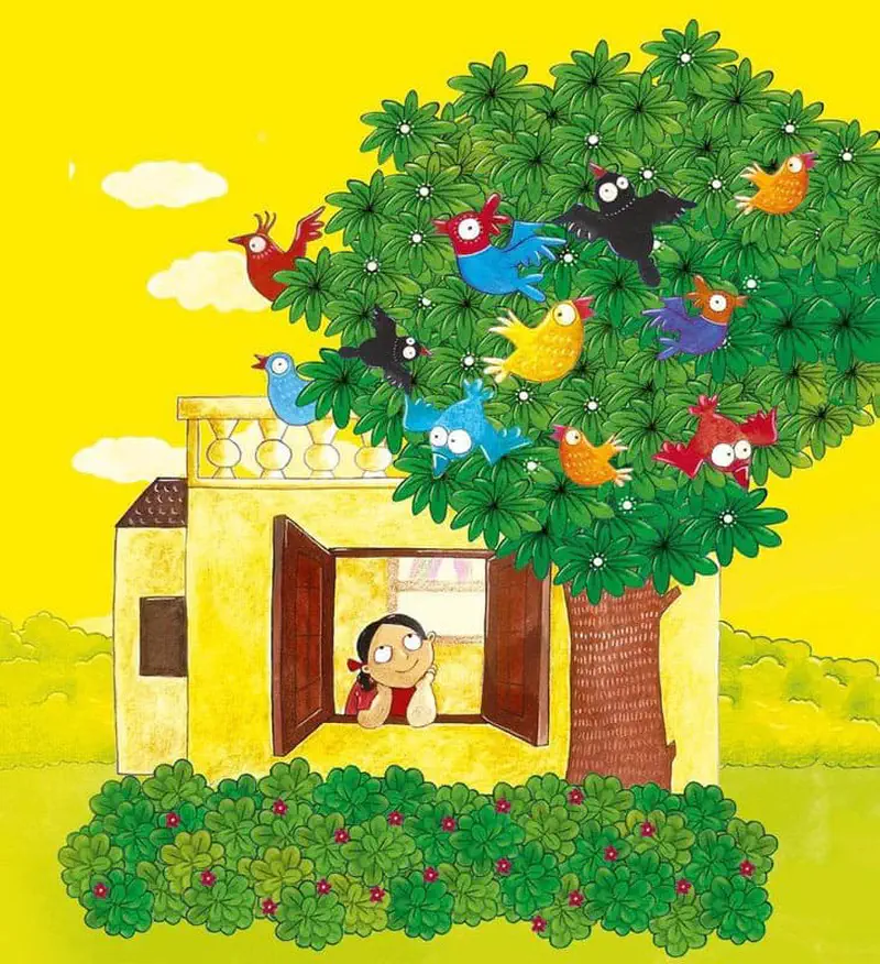A girl looks out from a yellow house doorway while colorful birds fly around a large green tree against a bright yellow spring sky.