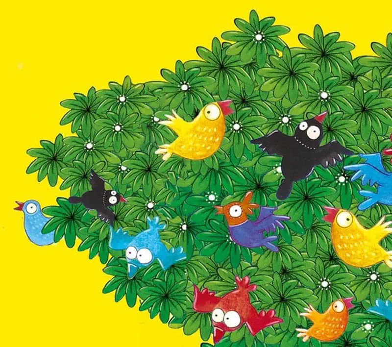 Many colorful birds including yellow, blue, red, and black ones perch and fly among the green leaves and white flowers of a large tree.