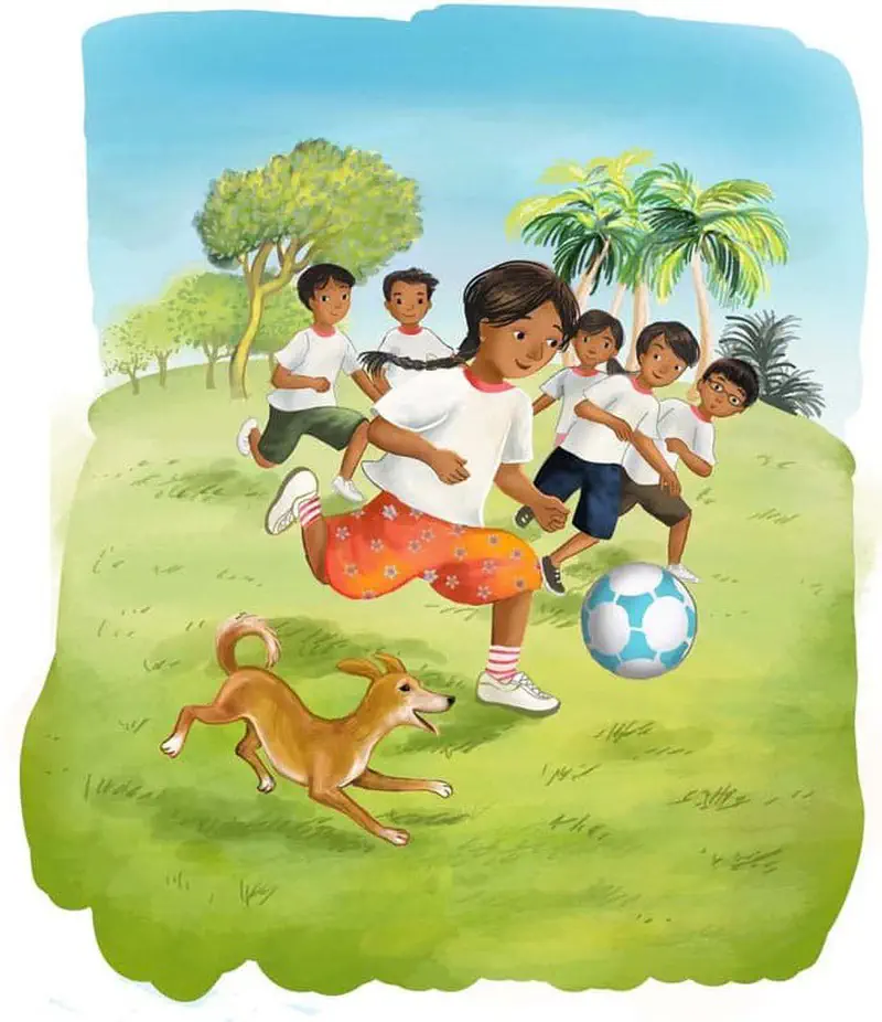 A girl with braids in orange pants leads a group of children chasing a soccer ball on a grassy hill while a tan dog runs alongside them.