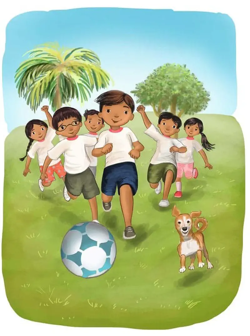 A group of excited children in white shirts run across a grassy field chasing a soccer ball while a happy tan dog watches near palm trees.