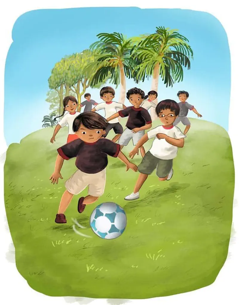 Two teams of children play soccer on a grassy field with palm trees, players in maroon and white shirts compete for the ball intensely.