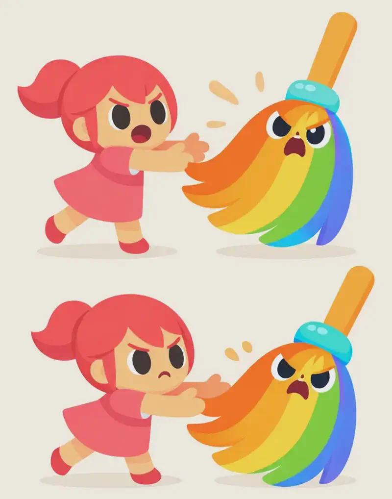 On the left side of the image, two sequential panels show Kate attempting to grab The Rainbow Broom. In the top panel, Kate reaches forward with a determined expression, trying to grasp The Rainbow Broom — a teardrop-shaped feather duster with flowing rainbow-colored bristles in orange, yellow, green, and blue stripes, a turquoise band collar, and a warm orange wooden handle — which appears to be pulling away from her with an angry, growling face in the center-upper area of its bristles. In the bottom panel, Kate leans in closer with a frustrated expression while The Rainbow Broom continues to resist, looking cranky and defiant with its large round white eyes narrowed. The scene is set indoors against a plain, warm cream background. The right ~40% of the image is empty background suitable for text overlay.