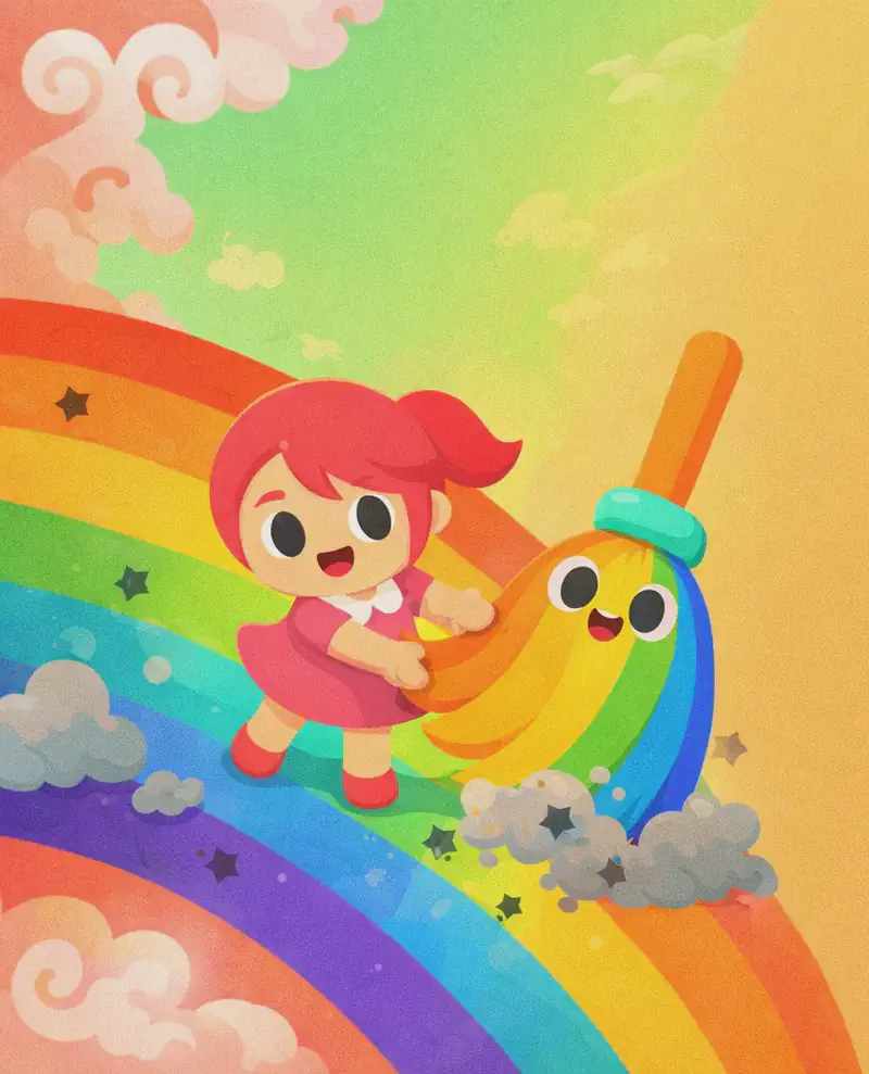 On the left side of the image, Kate stands on a large, curving rainbow, smiling with a determined expression as she sweeps away clouds of gray dust and dark star-shaped debris from the rainbow's colorful stripes. She is holding The Rainbow Broom, whose teardrop-shaped body of clean, vibrant rainbow-colored bristles fans out at the sweeping end, and who has a cheerful, happy face in the center-upper area of its bristles with large round white eyes and a small open mouth. Together they are actively brushing the grime off the bands of red, orange, yellow, green, blue, and purple. The scene is set outdoors against a bright green and warm golden sky with swirling pink and orange clouds in the upper-left corner. The right side of the image is plain warm golden background.