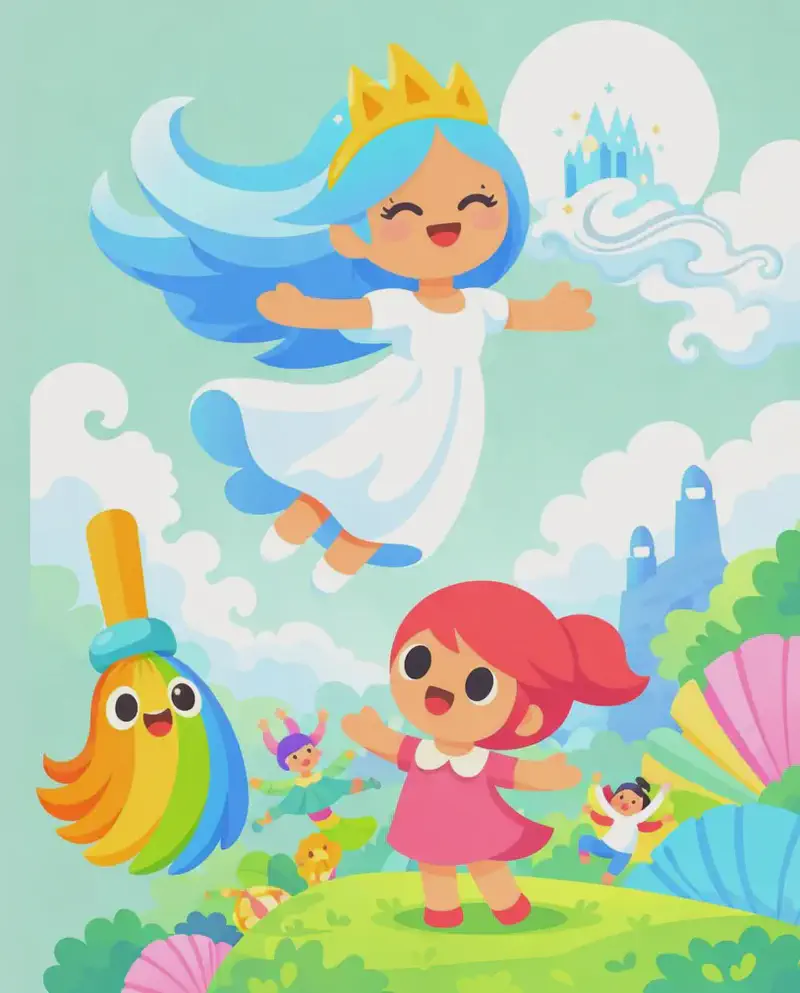 On the right side of the image, Kate stands on a grassy hilltop with arms spread wide, looking up at the sky with an excited expression, while The Rainbow Broom hovers nearby with a cheerful face in its clean rainbow-colored bristles. The Wind Princess descends dramatically from the upper right, emerging from swirling clouds with arms outstretched and a joyful expression. She has long flowing sky-blue hair swept to the left, a golden three-pointed crown, and a flowing white gown with soft light-blue shading and light-blue ankle-strap shoes. A magical cloud castle is visible behind her in the sky. The scene is set outdoors on a bright day with a soft teal-green sky, colorful fan-shaped flora, and a whimsical tower in the background. The left ~40% of the image is plain teal-green background. Several small fairy-like figures cheer among the colorful plants on the right side.