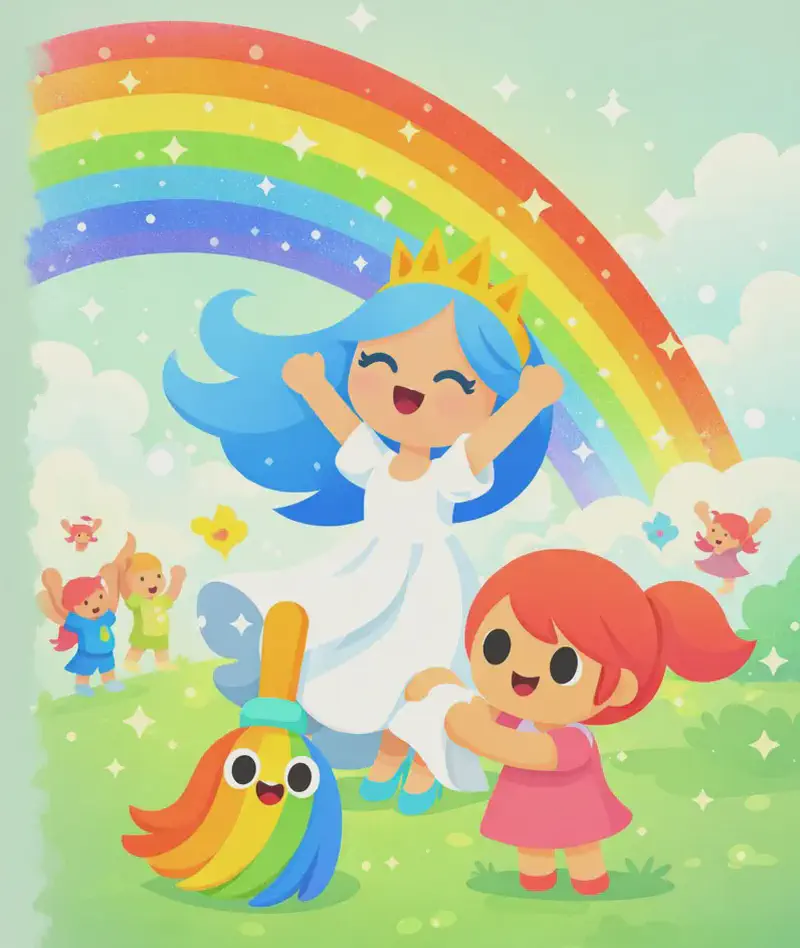 On the right side of the image, The Wind Princess stands tall with her arms raised, her long sky-blue hair flowing and golden three-pointed crown gleaming, gazing up admiringly at a large sparkly rainbow arching across the sky above her. She has a proud, joyful expression. Kate is visible in the lower right, holding The Rainbow Broom — now clean with vibrant rainbow-colored bristles and a happy face — and wiping it down carefully, looking happy and proud. Several fairies surround them, celebrating with raised arms beneath the glittering rainbow. The scene is set outdoors against a soft, cloudy sky with swirling winds and sparkles.