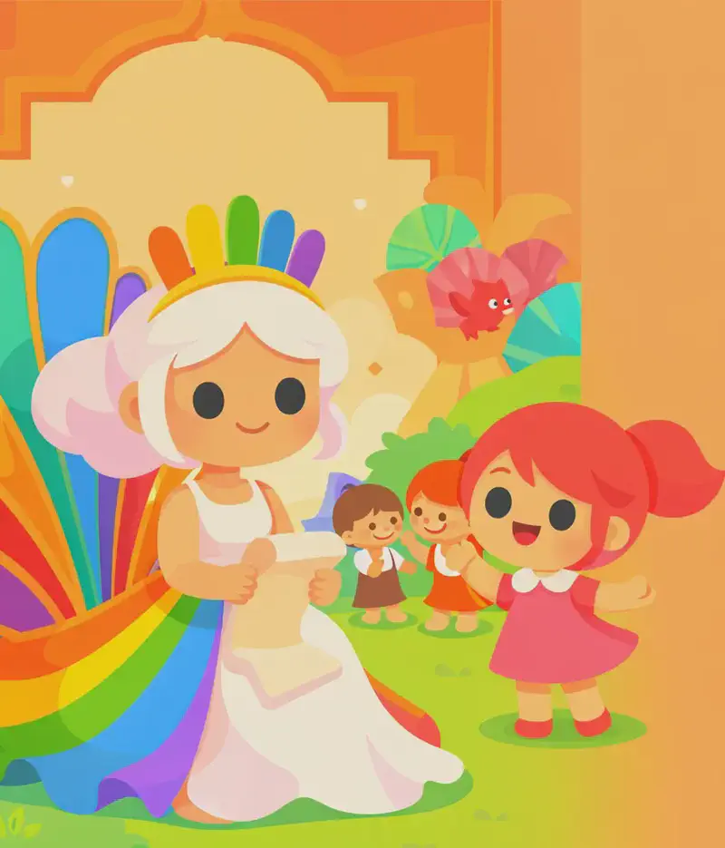 On the left side of the image, The Rainbow Queen is seated, smiling gently as she reads a letter she holds in her hands. She wears a white sleeveless floor-length dress with bold rainbow stripes along the outer edges, and a golden crown adorned with upright rainbow-colored feather-like points on her fluffy white-to-pale-pink hair. Behind her, through a large ornate archway, Kate — a small chibi girl with coral-red hair in side-swept bangs and a short ponytail, wearing a pink A-line dress with a white peter pan collar and red mary jane shoes — plays joyfully on a green lawn, clapping her hands and grinning alongside two other small fairy children. The scene is set in the late afternoon with warm golden-orange light bathing the palace courtyard, and colorful fan-shaped plants and a small red bird frame the archway. The right ~40% of the image is plain warm orange background, clear for text.