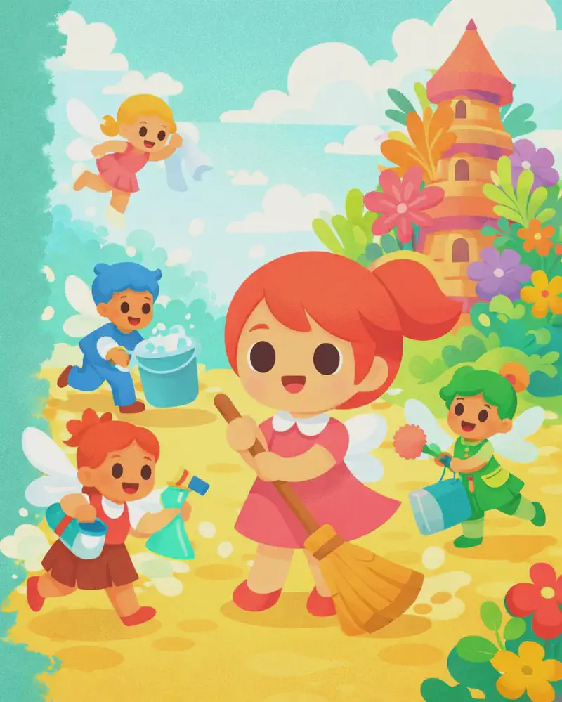 On the right side of the image, Kate — with her coral-red hair and pink A-line dress — is among a group of fairies energetically cleaning and tidying. The fairies are bustling about — some are flying, some are running across a warm golden floor, all with cheerful, excited expressions. Kate and the other fairies carry brooms and cleaning supplies as they rush around. In the background on the right, a colorful tower with vibrant oversized flowers and lush foliage rises into a bright, cloud-dotted sky. The left side of the image is plain teal-green sky, left clear for text.