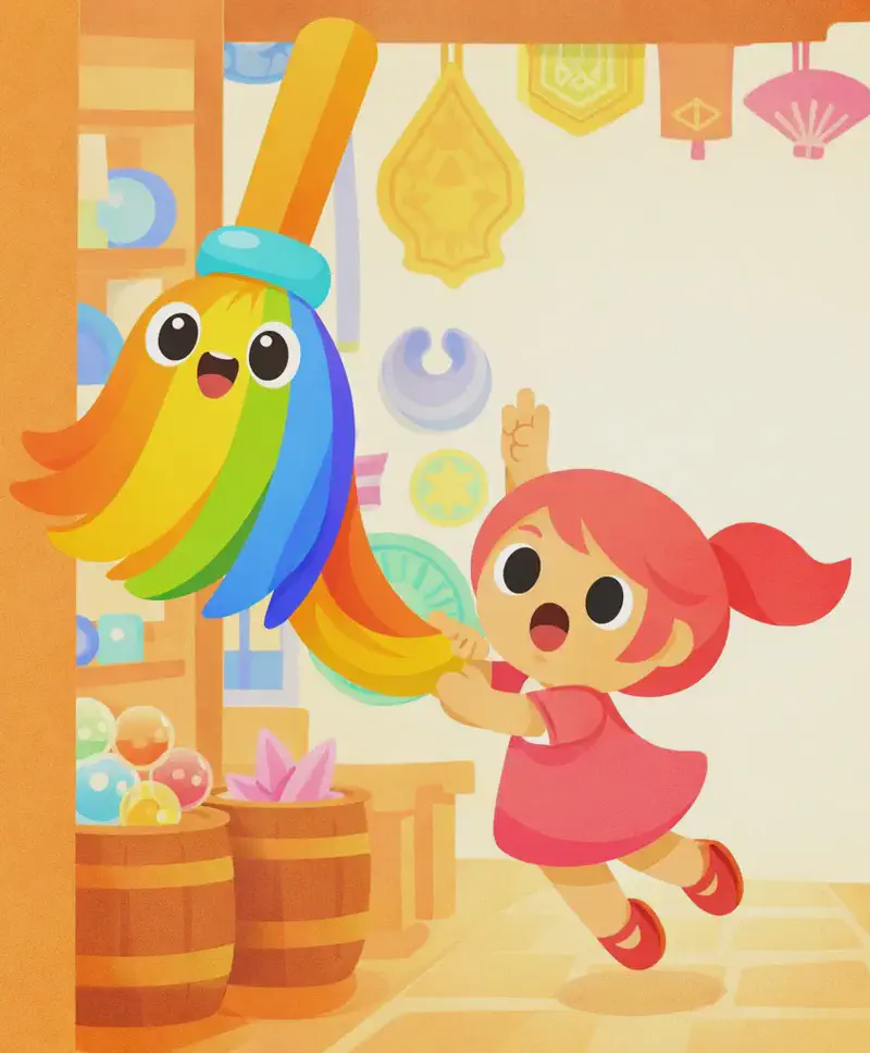 On the right side of the image, The Rainbow Broom is flying upward through what appears to be an indoor hallway lined with shelves, its rainbow-colored bristles trailing below in flowing orange, yellow, green, and blue stripes. Kate is on the right, mouth wide open in a surprised and alarmed expression, gripping onto the bristle end of The Rainbow Broom as she is lifted off her feet, her red mary jane shoes dangling in the air. The background shows a display wall of colorful decorative items — shields, plates, fans, and ornaments — with glass baubles and wooden barrels on a countertop below. The left side of the image is a plain warm orange-tan background.