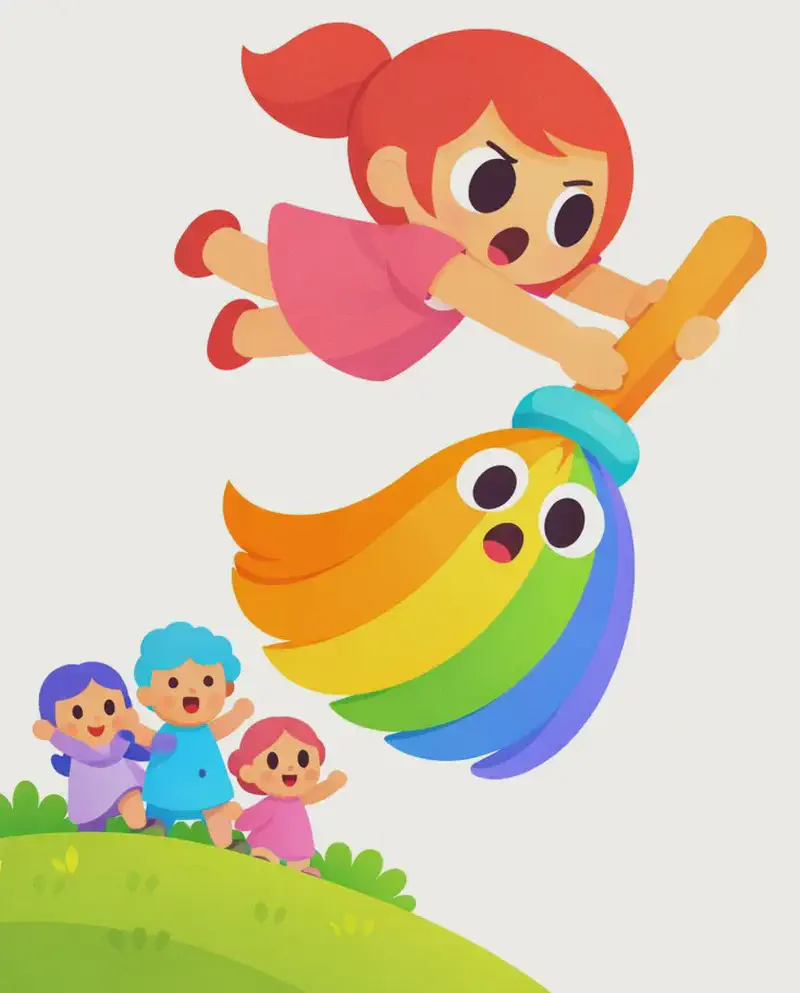 On the left side of the image, Kate leaps through the air with a determined expression, arms outstretched, diving onto The Rainbow Broom as it tries to fly away. She grabs the broom mid-flight, pulling it downward toward a grassy hilltop. The Rainbow Broom has its warm orange wooden handle at top and its teardrop-shaped body of flowing rainbow-colored bristles below, with a startled expression on its face in the center-upper area of the bristles. Below them on the hill, several small onlookers watch with surprised expressions. The right ~40% of the image is plain light blue sky background.