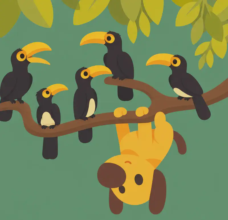 On the right side of the image, Pup hangs upside down from a thick tree branch, gripping it with all four paws, looking up with a curious, wide-eyed expression. Several toucans are perched along the branches around and above Pup, sitting calmly and facing various directions. The scene is set outdoors among leafy tree branches with a muted green background.