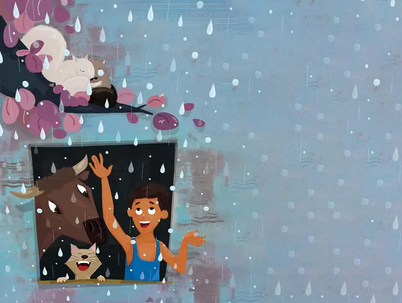 A boy in blue tank top waves happily from a window with a cat and water buffalo while rain falls. A squirrel sleeps in a tree with pink leaves above.