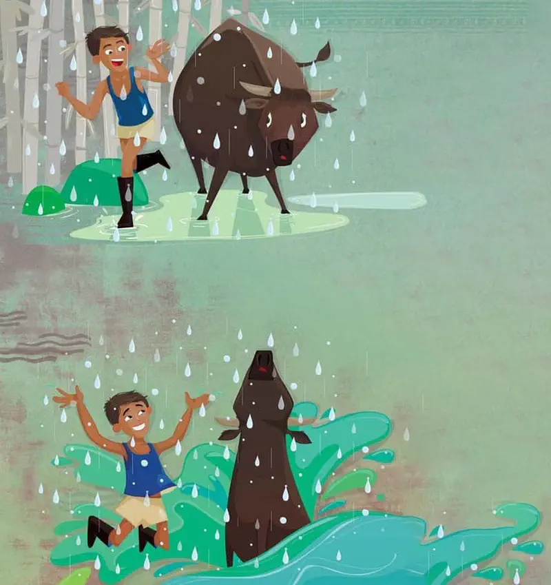 Two scenes showing a boy and water buffalo playing in the rain. Top scene shows them standing in a puddle, bottom scene shows them splashing joyfully in rising floodwaters.