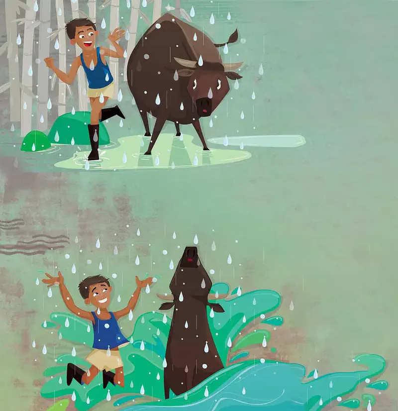 Two scenes showing a boy and water buffalo playing in the rain. Top scene shows them standing in a puddle, bottom scene shows them splashing joyfully in rising floodwaters.